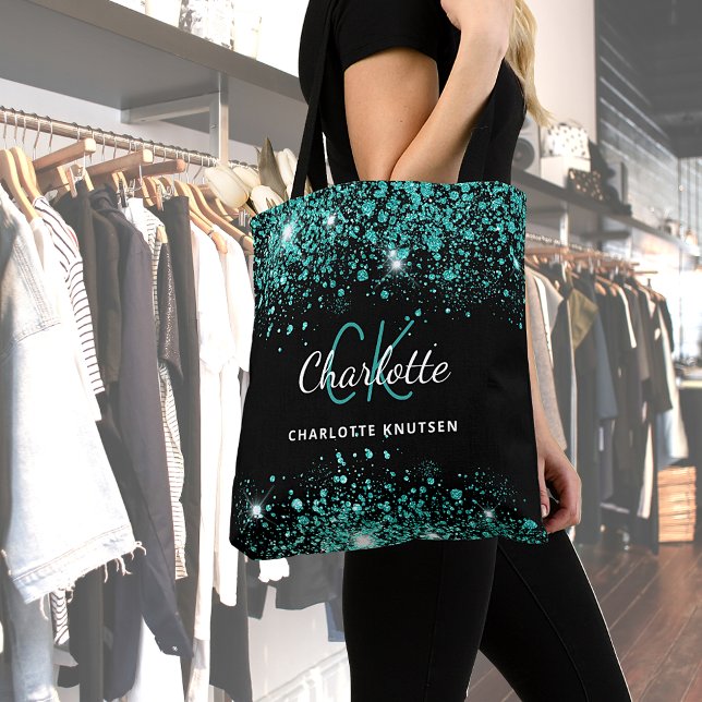 Black teal green glitter monogram tote bag (Creator Uploaded)