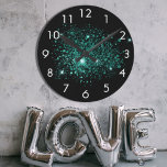 Black teal green glitter sparkle round clock<br><div class="desc">A chic black background,  decorated with teal,  green faux glitter dust.</div>