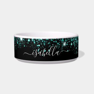 Black teal green glitter sparkles name script bowl