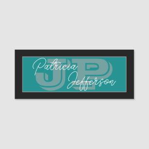 Black Teal Green Handwritten Monogram Name Tag