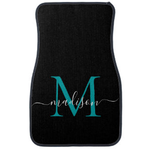 Black Teal Green Monogram Elegant Girly Script Car Floor Mat