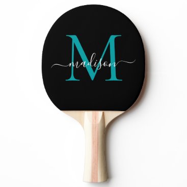 Black Teal Green Monogram Elegant Script Name Ping Pong Paddle