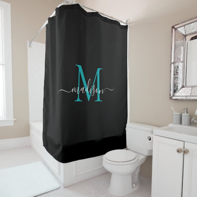 Black Teal Green Monogram Feminine Script Name Shower Curtain (In Situ)