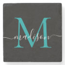 Black Teal Green Monogram Feminine Script Name Stone Coaster Black Teal Green Monogram Feminine Script Name Stone Coaster