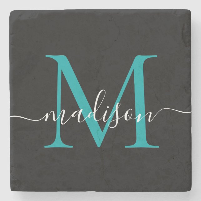 Black Teal Green Monogram Feminine Script Name Stone Coaster (Front)