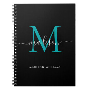 Black Teal Green Monogram Script Name Initial Notebook