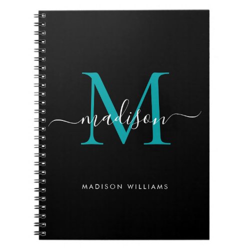 Black Teal Green Monogram Script Name Initial Notebook