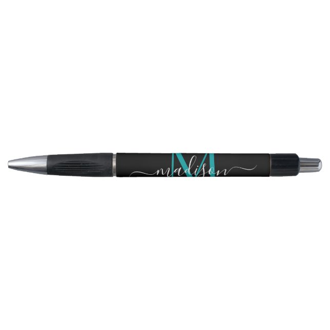 Black Teal Green Monogram Script Name Stylish Pen (Front)