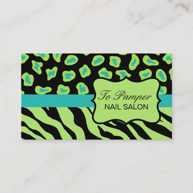Black, Teal & Green Zebra & Cheetah Skin Custom Business Card (Front)