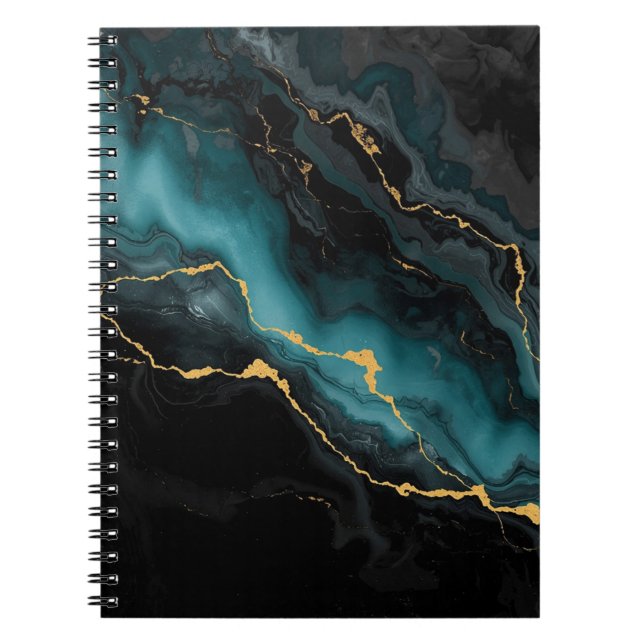 Black Teal Ink Marble Notebook with Gold Flow Vein (Front)