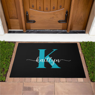 Black Teal Monogram Doormat