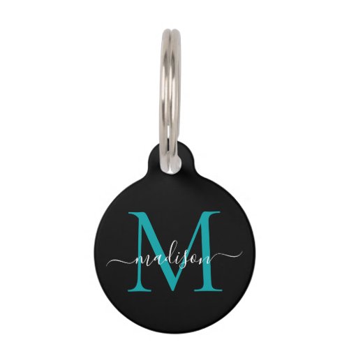 Black Teal Monogram Feminine Script Name Pet ID Tag