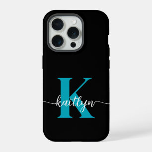 Black Teal Monogram iPhone 15 Pro Case