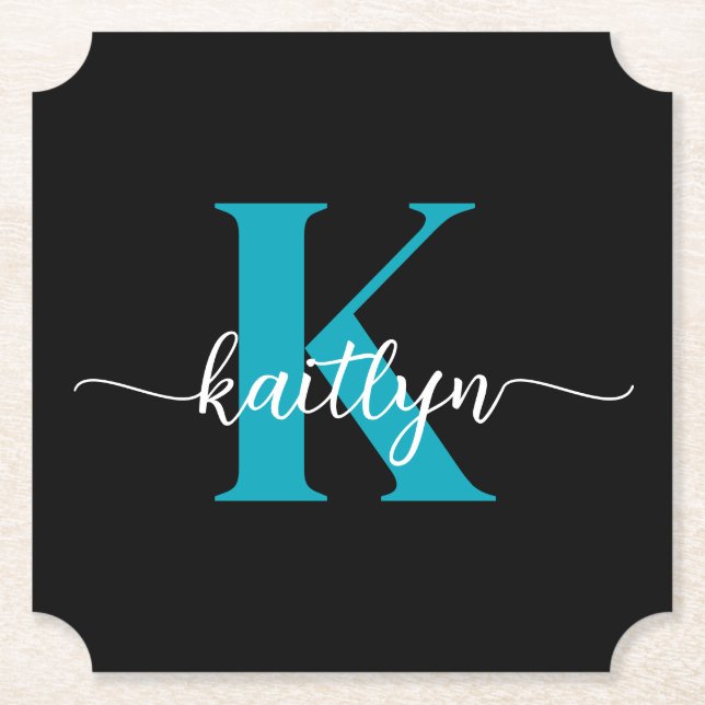 Black Teal Monogram Paper Coaster (Front)