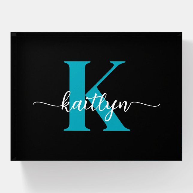 Black Teal Monogram Paperweight (Front)