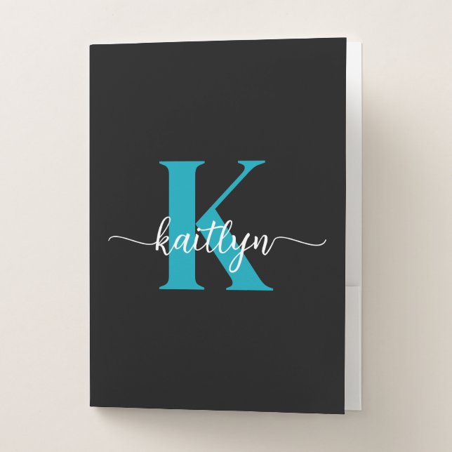 Black Teal Monogram Pocket Folder (Front)
