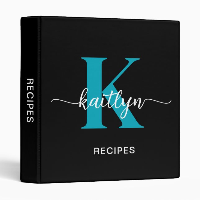 Black Teal Monogram Recipe 3 Ring Binder (Front/Spine)