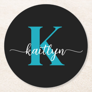 Black Teal Monogram Round Paper Coaster