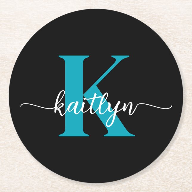 Black Teal Monogram Round Paper Coaster (Front)