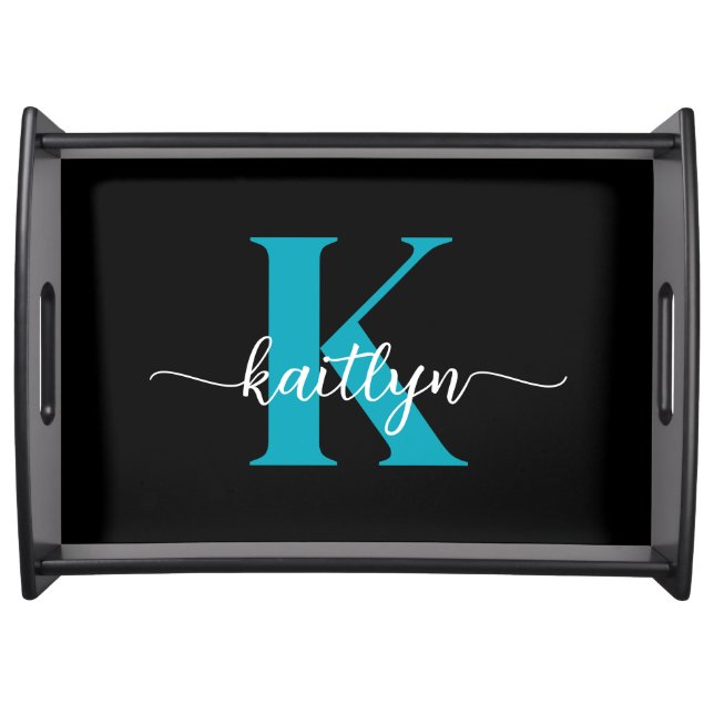 Black Teal Monogram Serving Tray (Front)