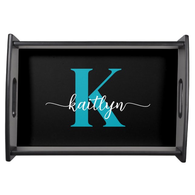 Black Teal Monogram Serving Tray (Front)