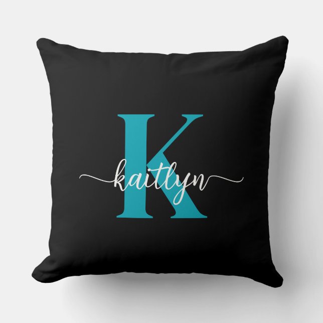 Black Teal Monogram Throw Pillow (Front)