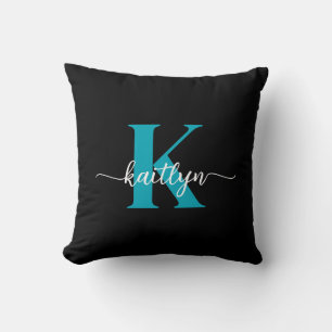 Black Teal Monogram Throw Pillow