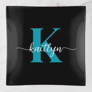 Black Teal Monogram Trinket Tray