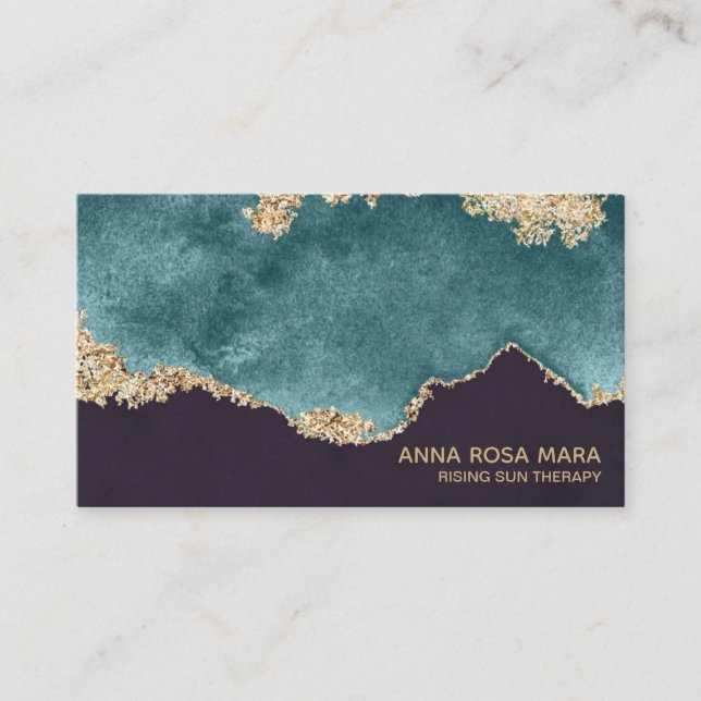 *~* Black Teal Moss Agate Geode Gold Glitter Business Card (Front)