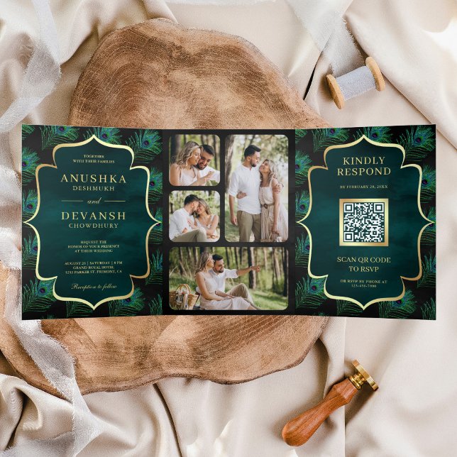 Black Teal Peacock Feathers QR Code Wedding Tri-Fold Invitation (Creator Uploaded)