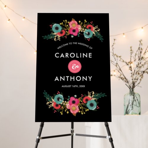 Black  Teal  Pink Floral  Wedding Welcome Sign