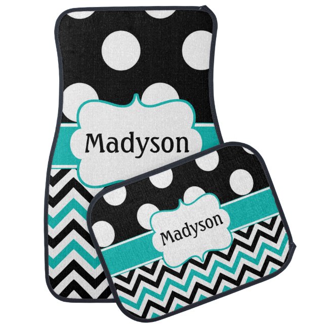 Black Teal Polka Dots Chevron Monogram Car Mat (Set)