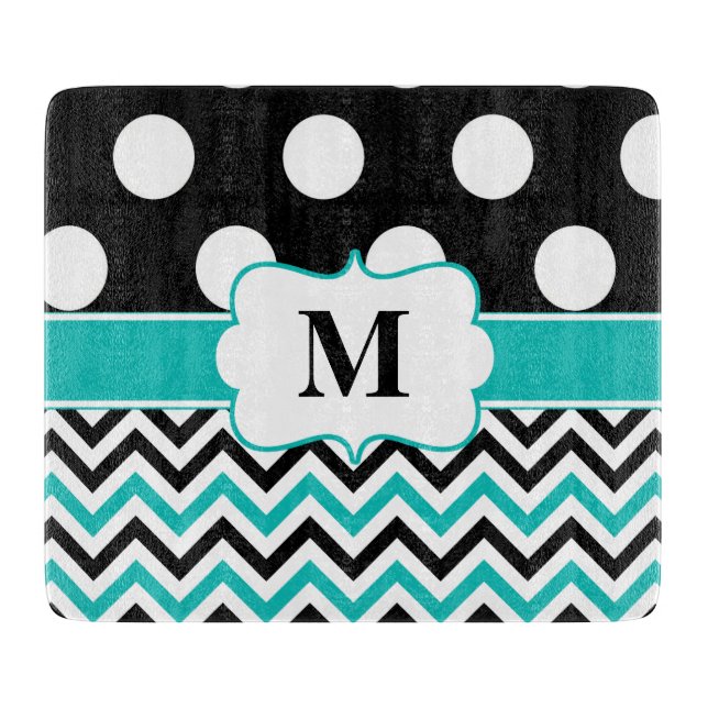 Black Teal Polka Dots Chevron Monogram Cutting Board (Front)