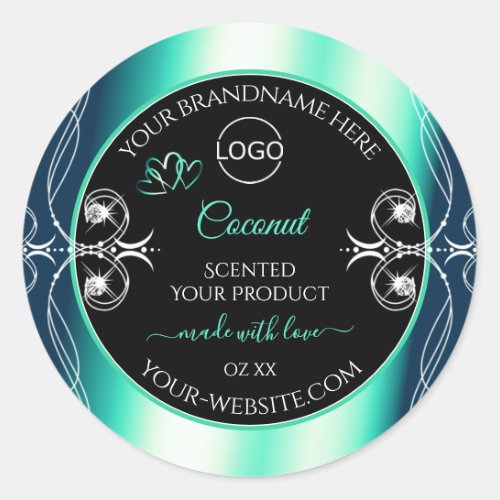 Black Teal Product Labels Diamonds Hearts and Logo