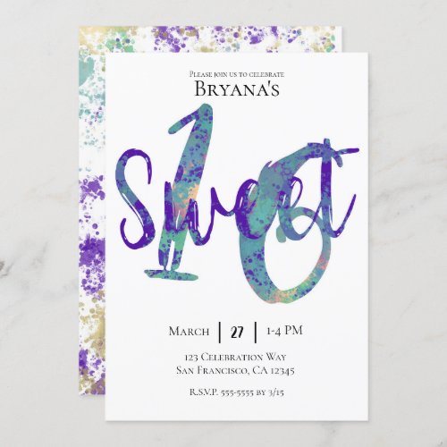 Black Teal Purple Gold Sweet 16 Birthday Party Invitation