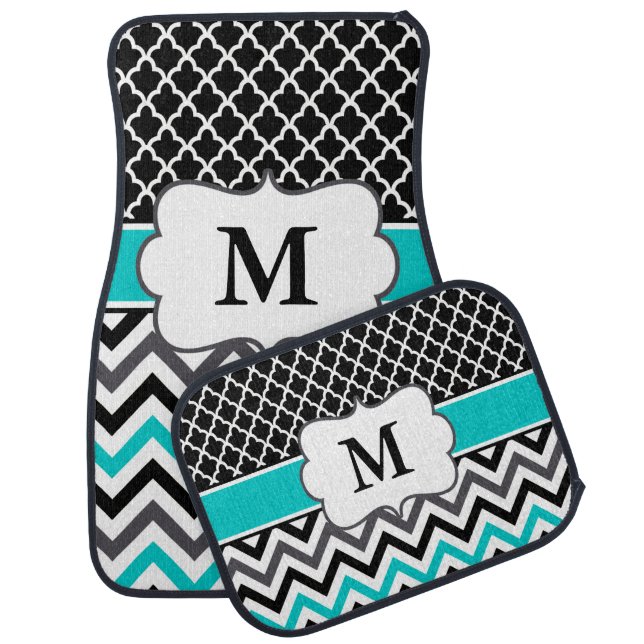 Black Teal Quatrefoil Chevron Monogram Car Mat (Set)