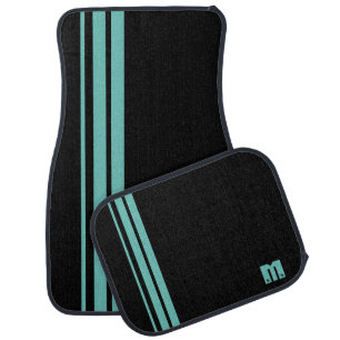 Black Teal Race Stripes Monogram Initial Car Floor Mat