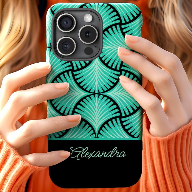 Black Teal Retro 1920s Gatsby Palms Script Name Case-Mate iPhone Case (Creator Uploaded)