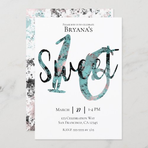 Black Teal Rose Gold Pink Sweet 16 Birthday Party Invitation