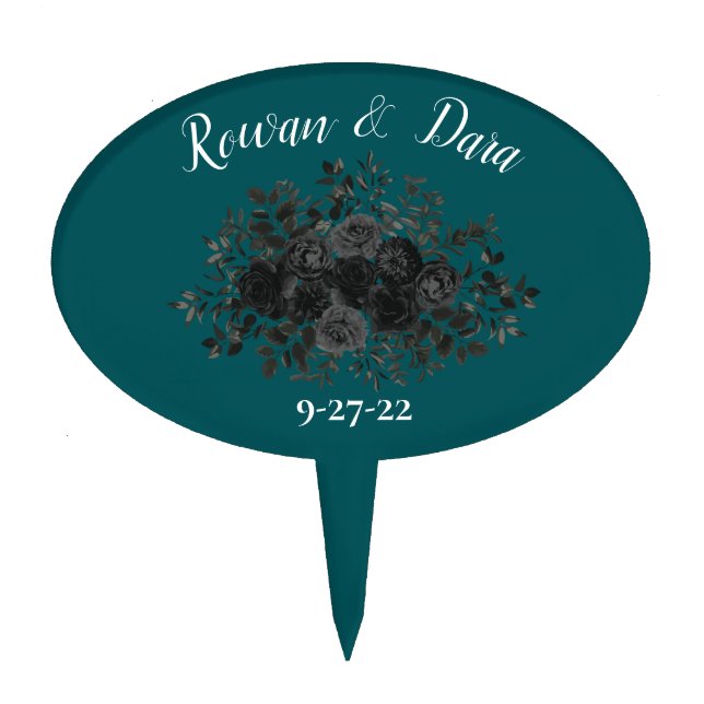 Black Teal Rose Gothic Elegant Wedding Cake Topper (Front)
