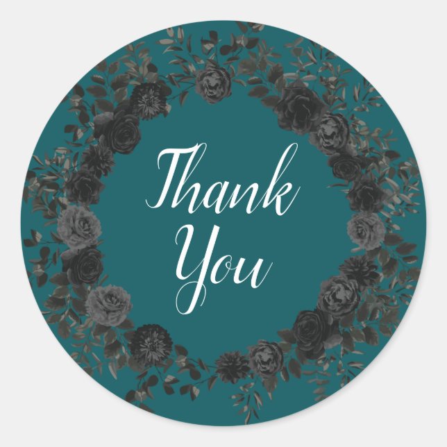 Black Teal Rose Gothic Elegant Wedding Classic Round Sticker (Front)