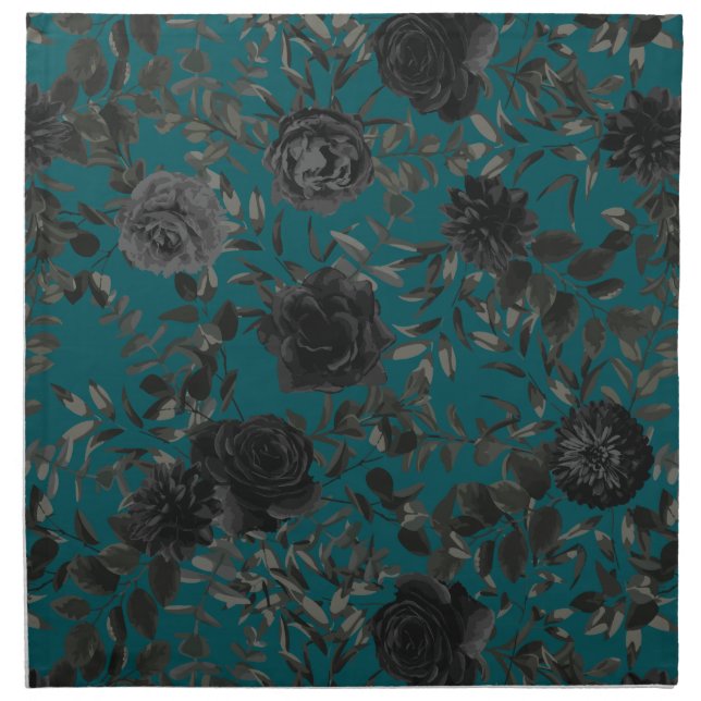 Black Teal Rose Gothic Elegant Wedding Cloth Napkin (Front)