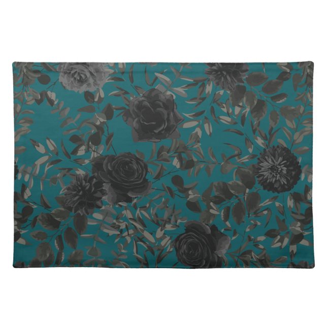 Black Teal Rose Gothic Elegant Wedding Cloth Placemat (Front)