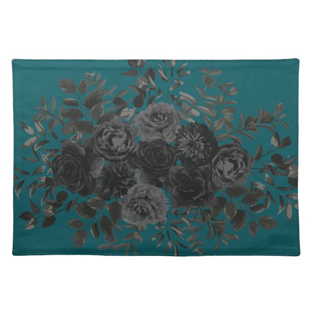 Black Teal Rose Gothic Elegant Wedding Cloth Placemat (Front)