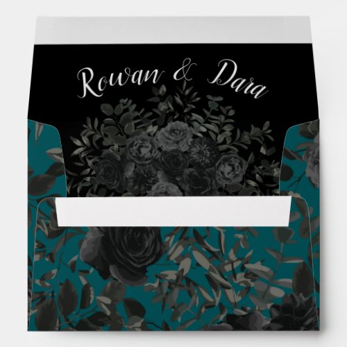 Black Teal Rose Gothic Elegant Wedding Envelope