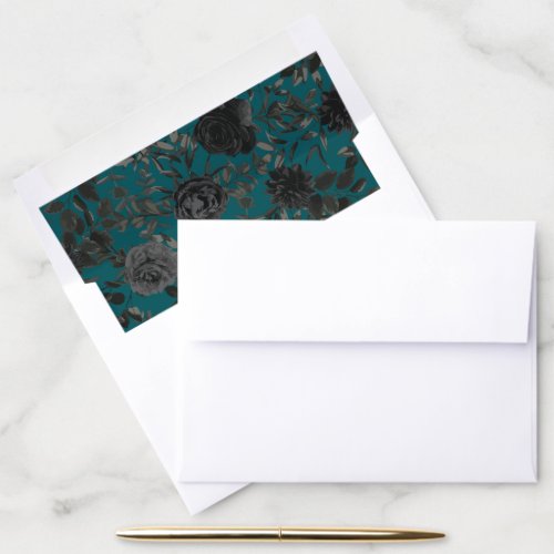 Black Teal Rose Gothic Elegant Wedding Envelope Liner