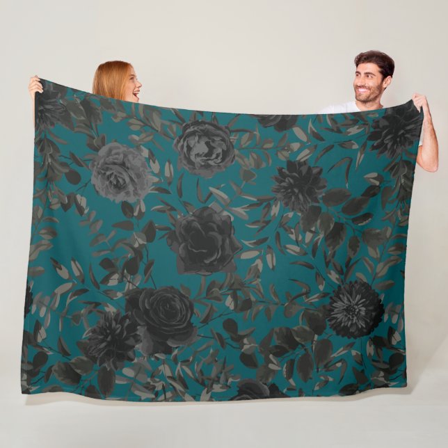 Black Teal Rose Gothic Elegant Wedding Fleece Blanket (In Situ)