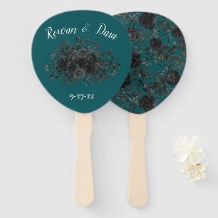 Black Teal Rose Gothic Elegant Wedding Hand Fan