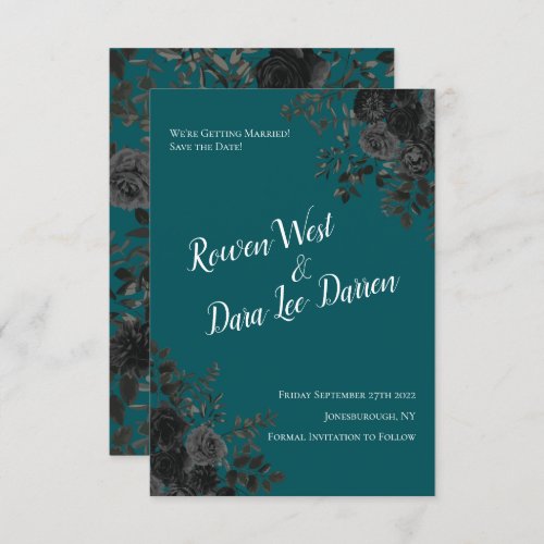 Black Teal Rose Gothic Elegant Wedding Invitation