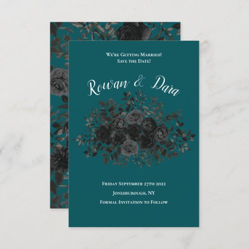 Black Teal Rose Gothic Elegant Wedding Invitation